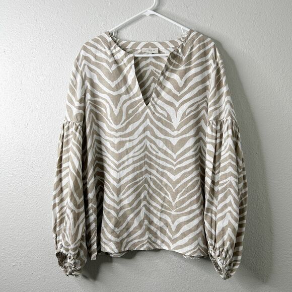 Lafayette 148 Elina Zebra Stripe Linen Blouse Taupe Multi Size XL - Picture 1 of 10
